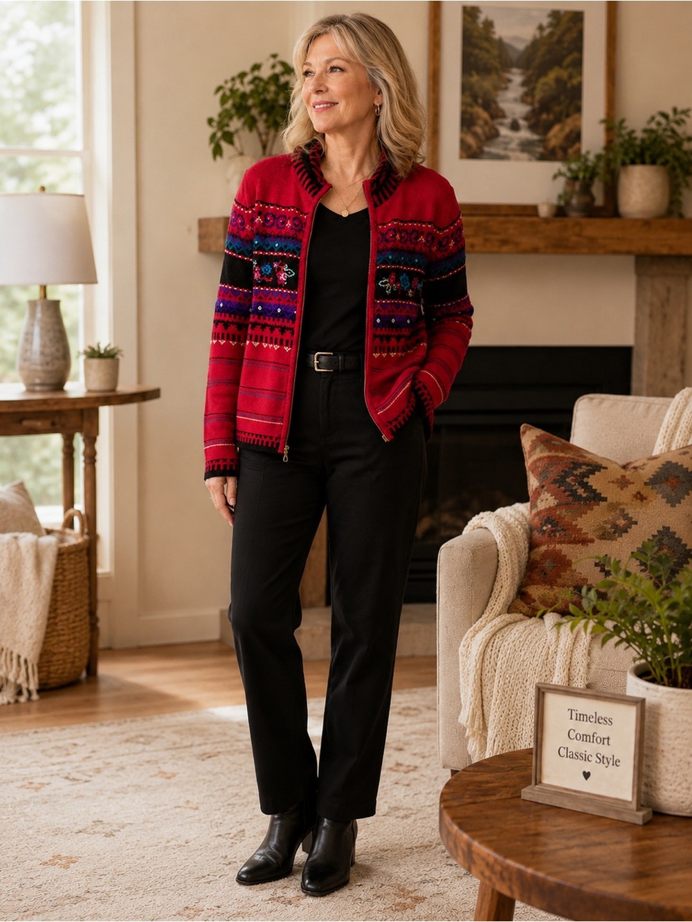 Koret Petite Small Red Embroidered Folk Zip Jacket Sweater Boho